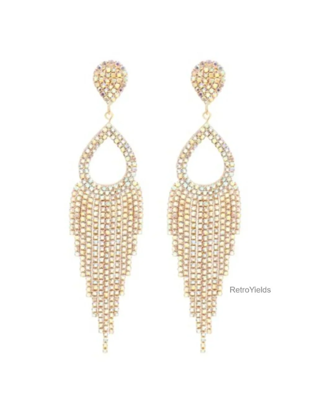 Rhinestone Teardrop Tassel Earrings Gold Plated Dangle Crystal Fringe Wedding